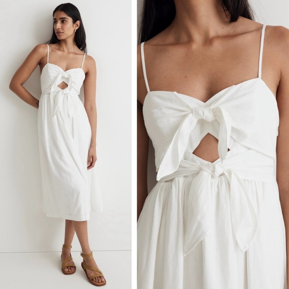 Madewell White Linen Blend Midi Dress Sweetheart Cutout Tie Back 10 - Picture 5 of 16
